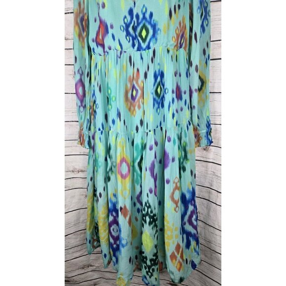 Anthropologie Serenade Maxi Dress S Petite Green Whimsical Fairy Ikat Tiered - Picture 5 of 7